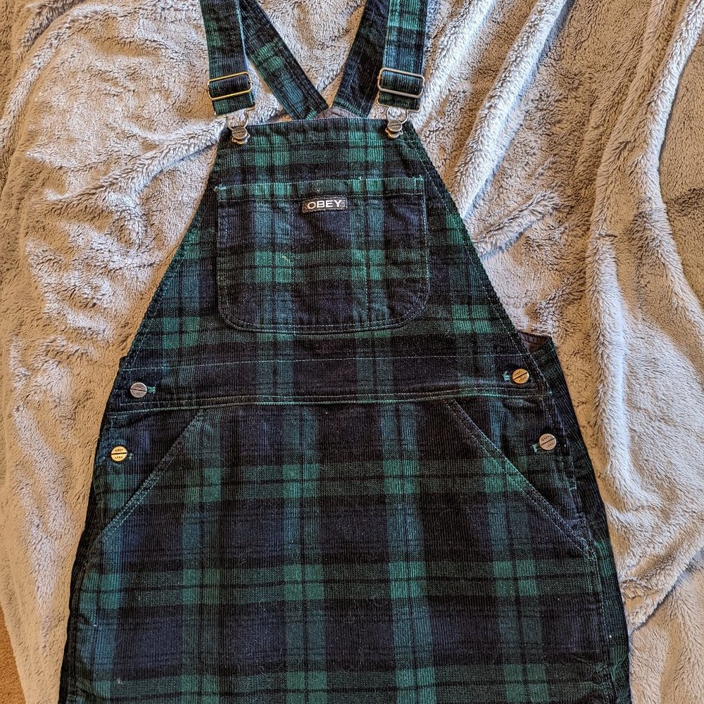 Obey plaid corduroy mini overall dress sz xs